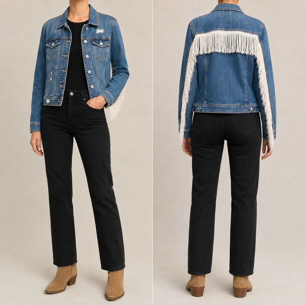 Mossimo Denim Jacket Womens LARGE Distressed Sequin Fringe Western Trucker 2016